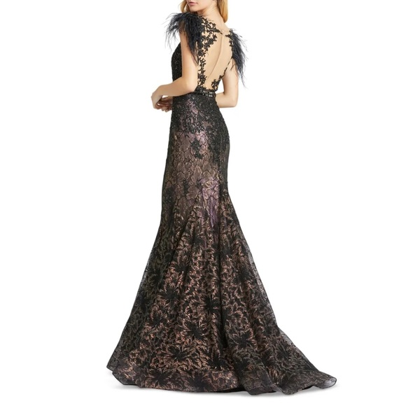 Mac Duggal Black Faux Feather Illusion Neckline & Back Full Length Mermaid Gown - Picture 3 of 17